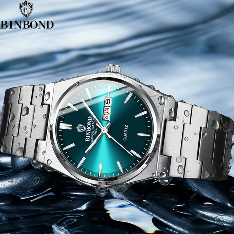 BINBOND Fashion New Men Business Watch Leisure Quartz Stainless Steel Buckle Watches Waterproof Luminous Calendar Men's Watches