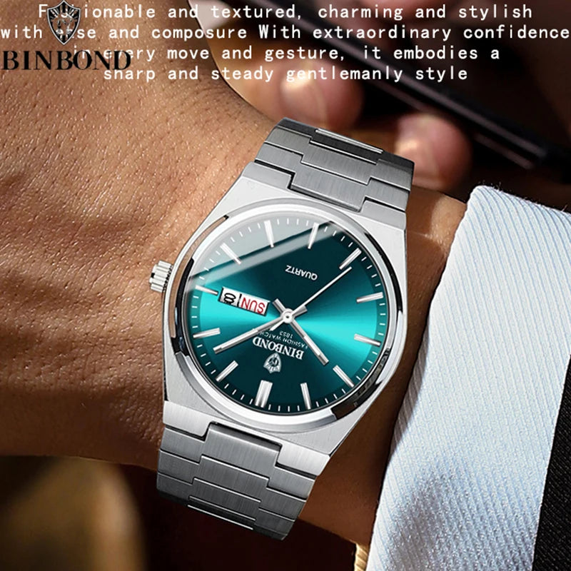 BINBOND Fashion New Men Business Watch Leisure Quartz Stainless Steel Buckle Watches Waterproof Luminous Calendar Men's Watches