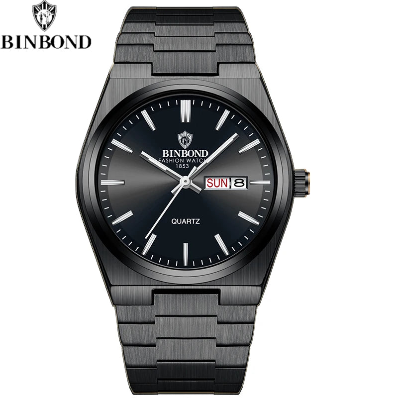 BINBOND Fashion New Men Business Watch Leisure Quartz Stainless Steel Buckle Watches Waterproof Luminous Calendar Men's Watches