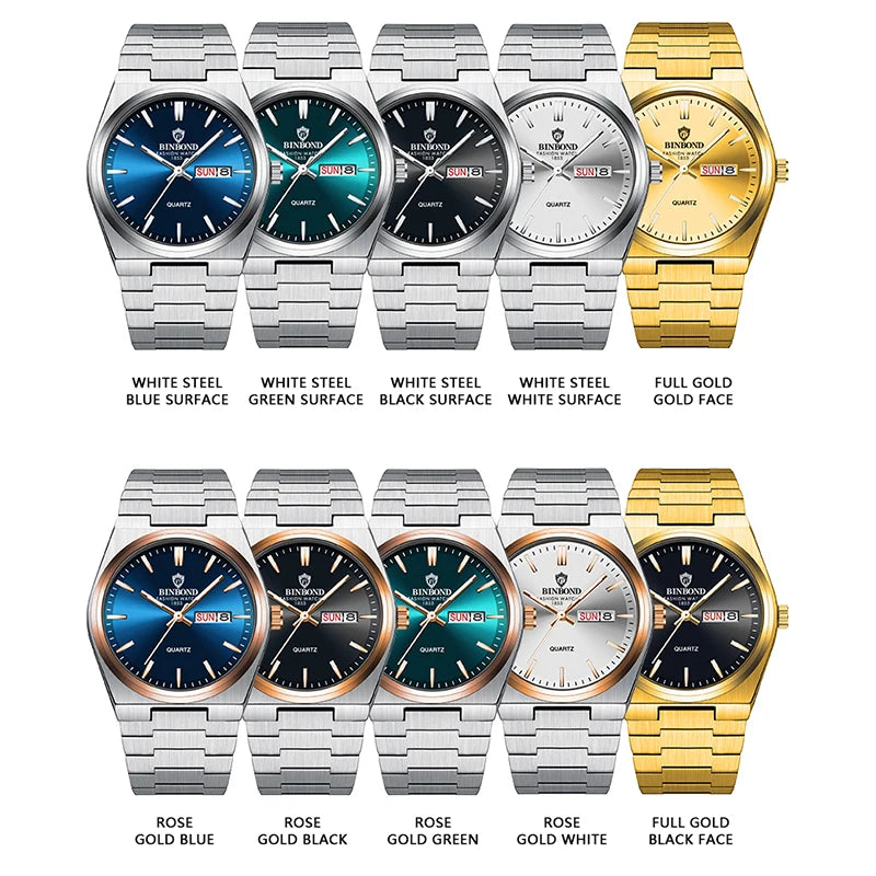 BINBOND Fashion New Men Business Watch Leisure Quartz Stainless Steel Buckle Watches Waterproof Luminous Calendar Men's Watches