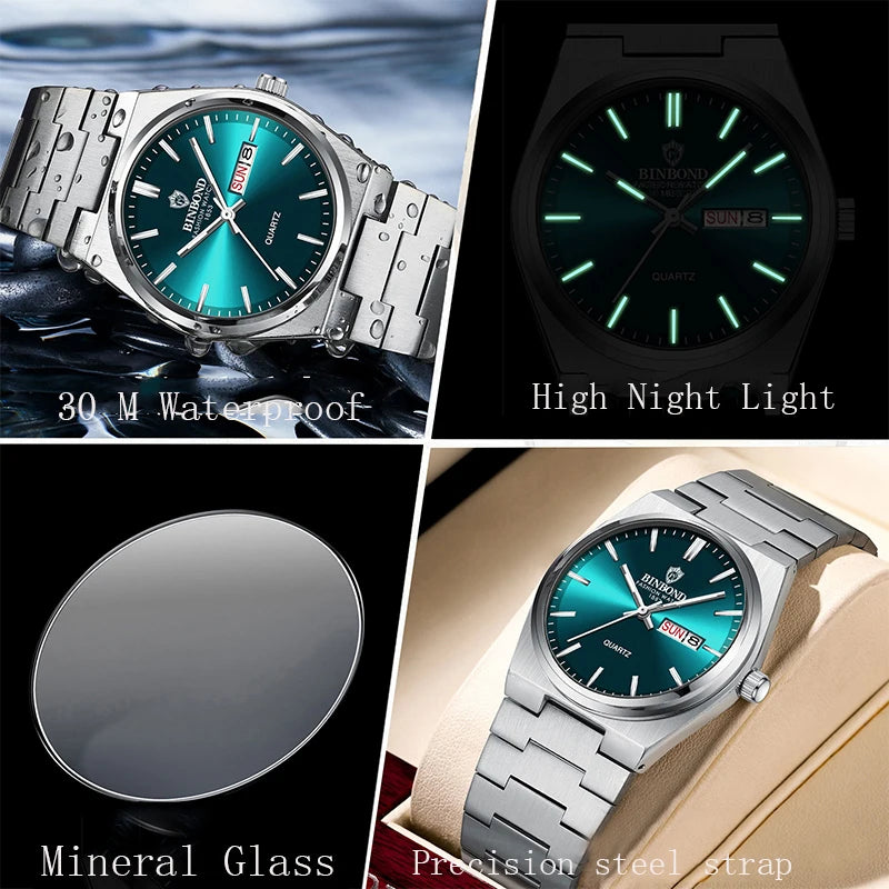 BINBOND Fashion New Men Business Watch Leisure Quartz Stainless Steel Buckle Watches Waterproof Luminous Calendar Men's Watches