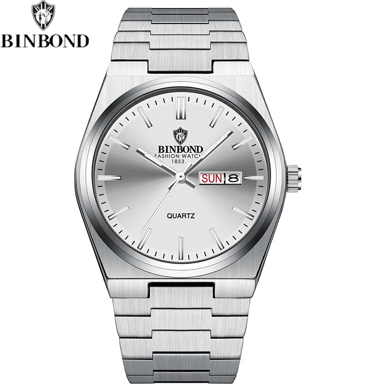 BINBOND Fashion New Men Business Watch Leisure Quartz Stainless Steel Buckle Watches Waterproof Luminous Calendar Men's Watches