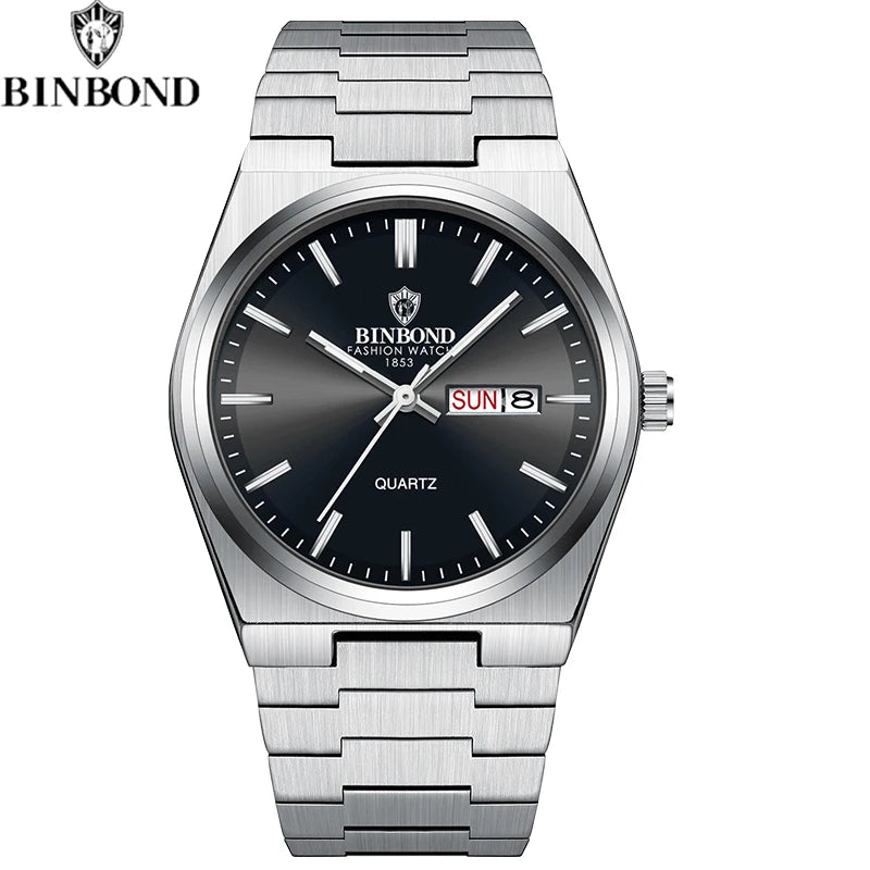 BINBOND Fashion New Men Business Watch Leisure Quartz Stainless Steel Buckle Watches Waterproof Luminous Calendar Men's Watches