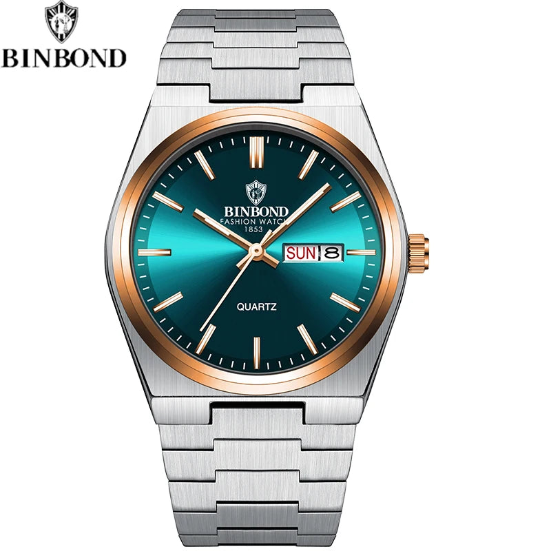 BINBOND Fashion New Men Business Watch Leisure Quartz Stainless Steel Buckle Watches Waterproof Luminous Calendar Men's Watches