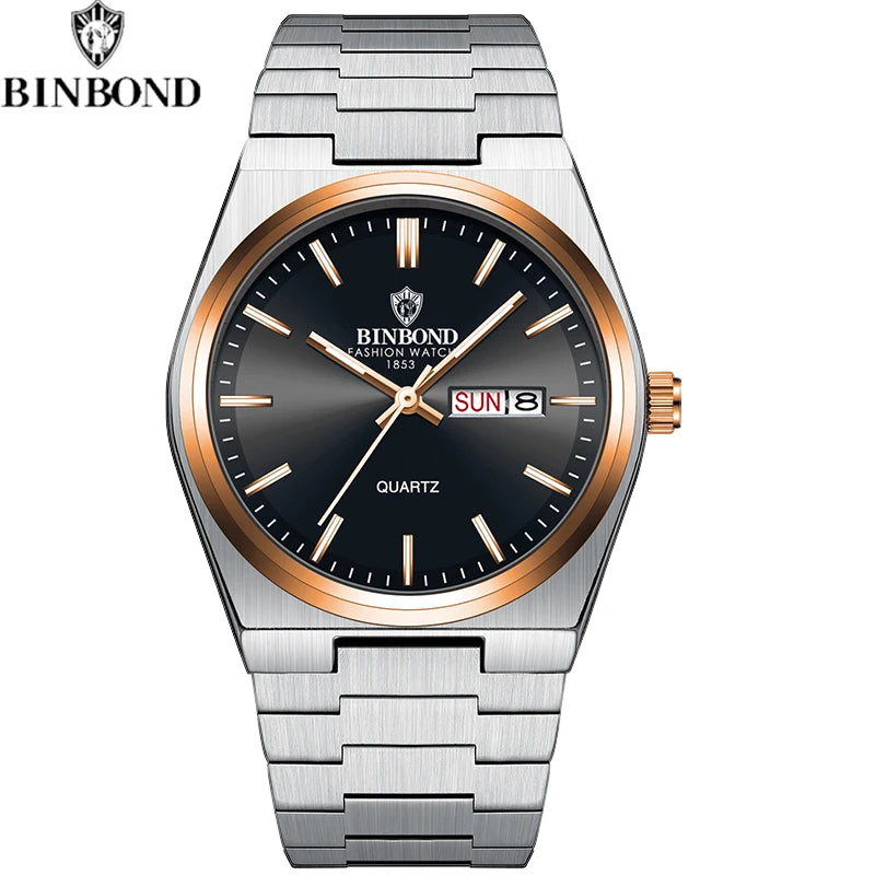 BINBOND Fashion New Men Business Watch Leisure Quartz Stainless Steel Buckle Watches Waterproof Luminous Calendar Men's Watches