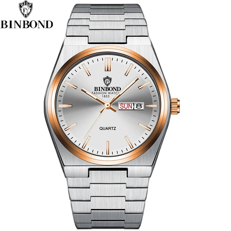BINBOND Fashion New Men Business Watch Leisure Quartz Stainless Steel Buckle Watches Waterproof Luminous Calendar Men's Watches